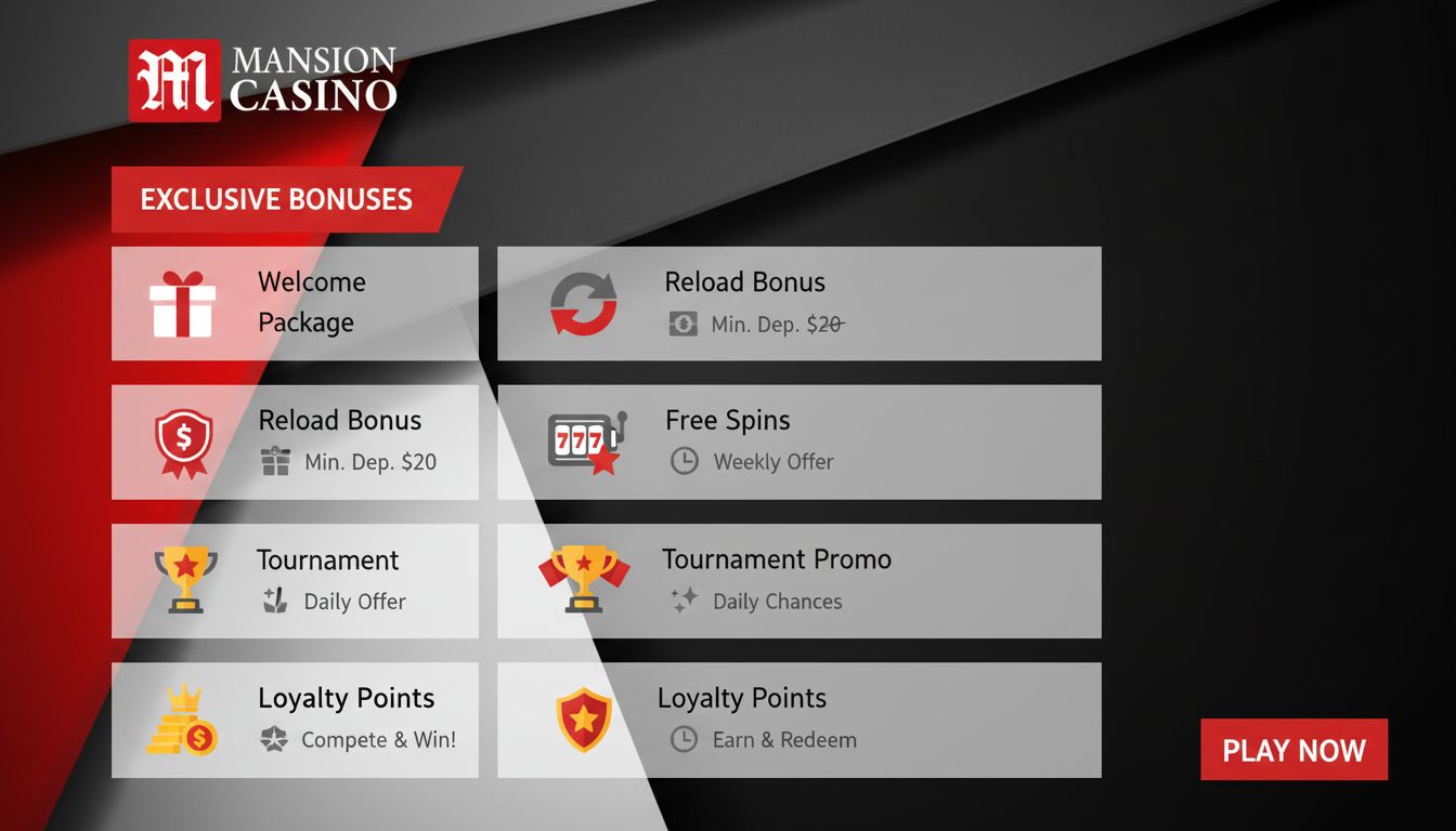 Icons representing five bonus types: welcome, reload, free spins, tournaments, loyalty points.