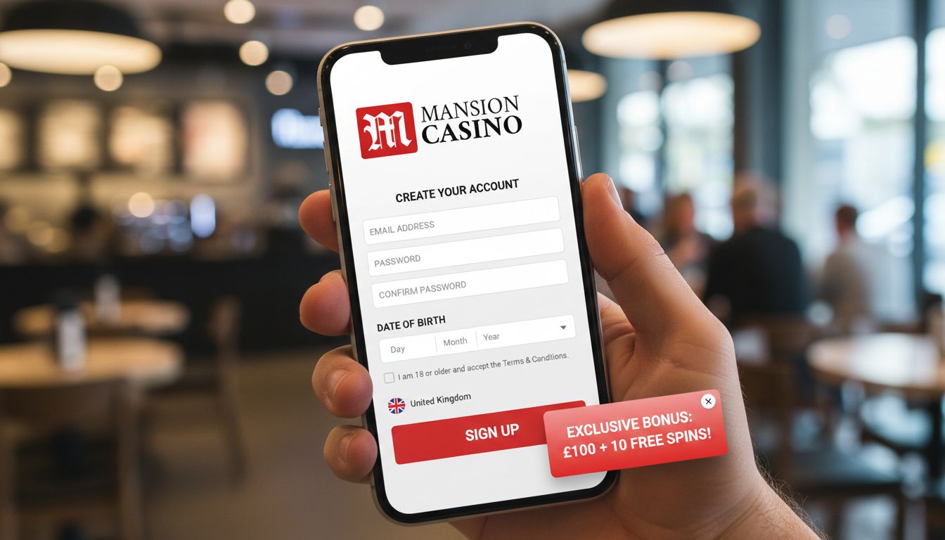Alt: Mobile phone showing Mansion Casino sign-up with bonus prompt on screen and UK flag.